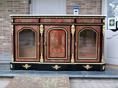 Napoleon 3 style Boulle 3 doors cabinet with tortoiseshell marquetry in ebonised wood,gilded bronze and marble top, France 1870