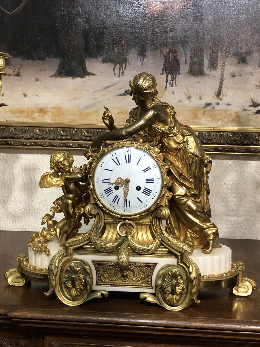 Napoleon 3 Huge 3 pieces clockset with angel and women in Louis 16 style