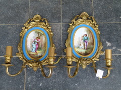 Napoleon 3 style Pair gilded bronze wall sconces with Sévres plates, France 1880