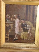 Napoleon 3 style Romantic painting by A. Roosenboom 1845-1875 of 2 children in oil on canvas in gilded frame, Belgium 1870