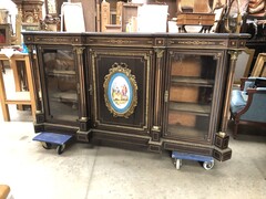 Napoleon 3 style Sideboard with Sevres porcelain plate ,marquetry and gilded bronze  in ebonised wood, France 1870