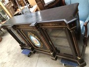 Napoleon 3 style Sideboard with Sevres porcelain plate ,marquetry and gilded bronze  in ebonised wood, France 1870