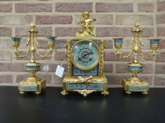 Napoleon III style Clockset with cloisonné and cherub in gilded bronze, France 1880