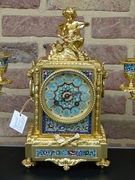 Napoleon III style Clockset with cloisonné and cherub in gilded bronze, France 1880