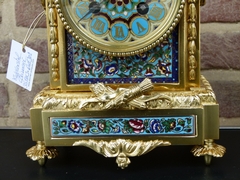 Napoleon III style Clockset with cloisonné and cherub in gilded bronze, France 1880