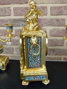 Napoleon III style Clockset with cloisonné and cherub in gilded bronze, France 1880