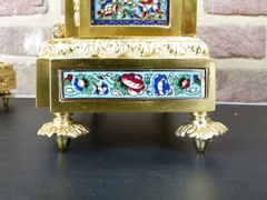 Napoleon III style Clockset with cloisonné and cherub in gilded bronze, France 1880