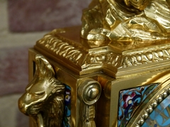 Napoleon III style Clockset with cloisonné and cherub in gilded bronze, France 1880