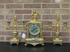 Napoleon III style Clockset with cloisonné and cherub in gilded bronze, France 1880