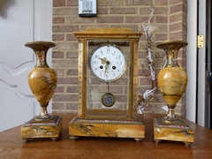 Napoleon III style Clockset with cloisonnée champleuve in gilded bronze,marble and cloisonnée, France 1880