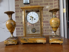 Napoleon III style Clockset with cloisonnée champleuve in gilded bronze,marble and cloisonnée, France 1880