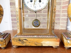 Napoleon III style Clockset with cloisonnée champleuve in gilded bronze,marble and cloisonnée, France 1880