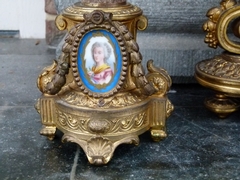 Napoleon III style Clockset with Sevrés porcelain in gilded spelter, France 1880