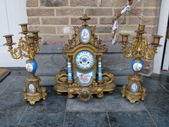 Napoleon III style Clockset with Sevrés porcelain in gilded spelter, France 1880