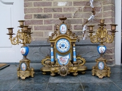 Napoleon III style Clockset with Sevrés porcelain in gilded spelter, France 1880