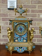 Napoleon III style cloisonné Clockset with putti,s in gilded bronze, France 1870