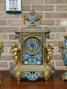 Napoleon III style cloisonné Clockset with putti,s in gilded bronze, France 1870