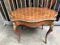 Napoleon III style Desk or table with drawer and marquetry with bronzes in diffirent woods, France 1880