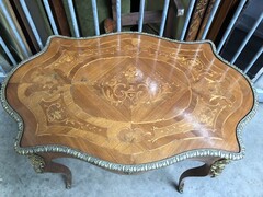 Napoleon III style Desk or table with drawer and marquetry with bronzes in diffirent woods, France 1880