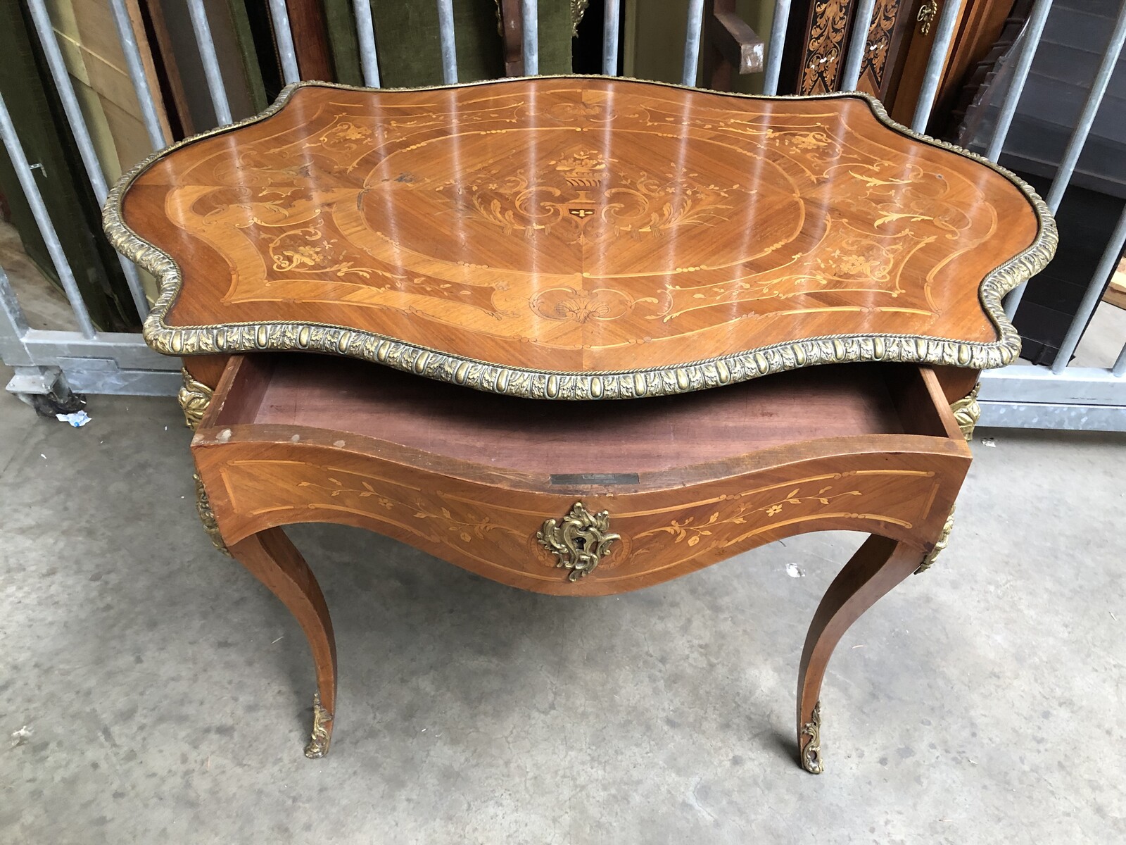 Napoleon III Desk or table with drawer and marquetry with bronzes