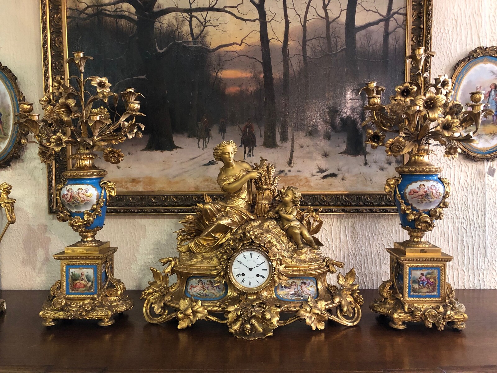 Napoleon III Gilded bronze and Sevres porcelain clockset