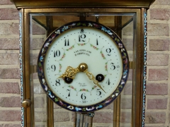 Napoleon III style Glass pendule clock with cloisonné champleuve in gilded bronze, France 1880