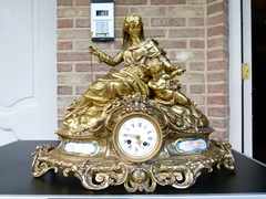 Napoleon III style huge Clock with a woman and child signed by Popon in gilt bronze and sévres porcelain, France 1880