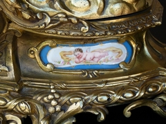 Napoleon III style huge Clock with a woman and child signed by Popon in gilt bronze and sévres porcelain, France 1880