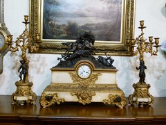 Napoleon III style Huge clockset with hunter in patinated and gilded bronze with white marble, France 1880