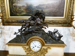 Napoleon III style Huge clockset with hunter in patinated and gilded bronze with white marble, France 1880