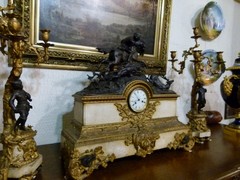 Napoleon III style Huge clockset with hunter in patinated and gilded bronze with white marble, France 1880