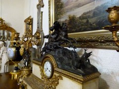 Napoleon III style Huge clockset with hunter in patinated and gilded bronze with white marble, France 1880