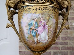 Napoleon III style Huge pair Sévres porcelain vases with romantic scenes in Sévres porcelain and gilded bronze, France 1870