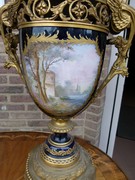 Napoleon III style Huge pair Sévres porcelain vases with romantic scenes in Sévres porcelain and gilded bronze, France 1870