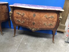 Napoleon III style Pair chest of drawers with flowor marquetry and marble tops in different woods , France 1900