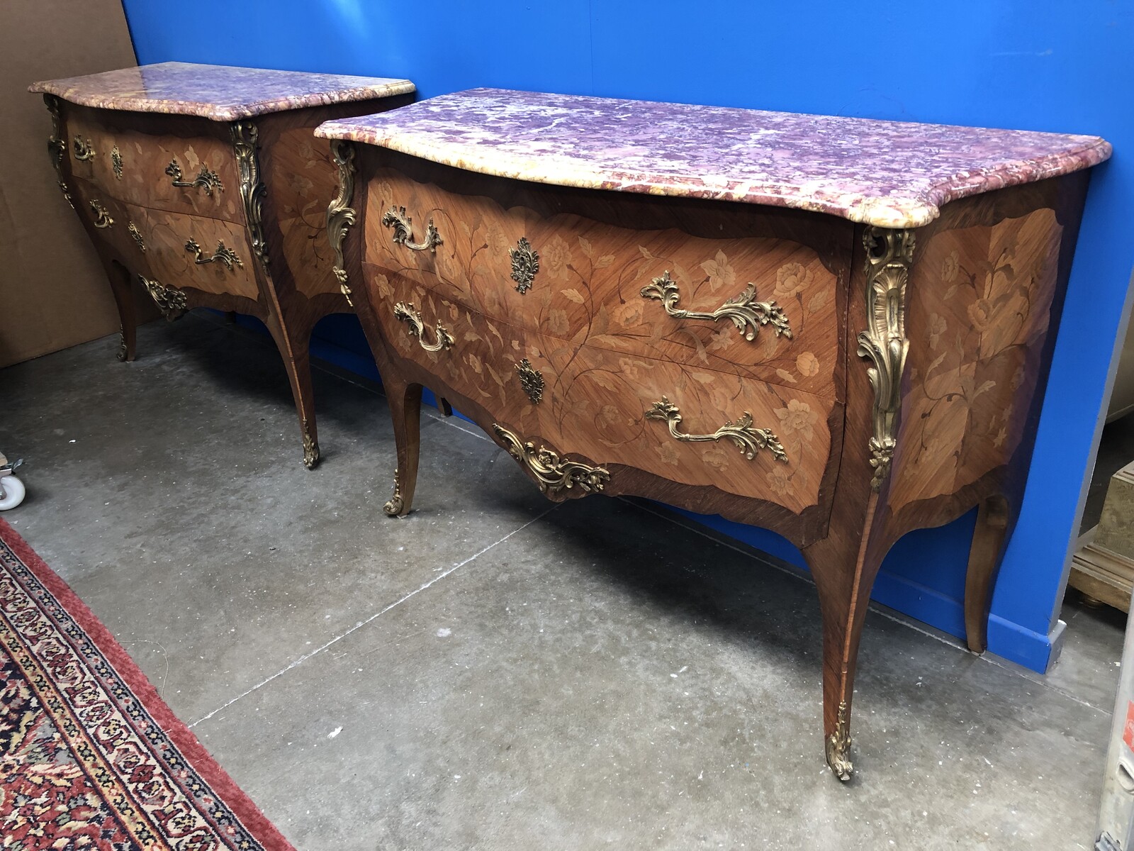 Napoleon III Pair chest of drawers with flowor marquetry and marble tops