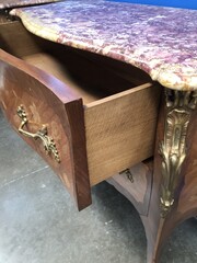 Napoleon III style Pair chest of drawers with flowor marquetry and marble tops in different woods , France 1900