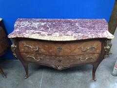 Napoleon III style Pair chest of drawers with flowor marquetry and marble tops in different woods , France 1900