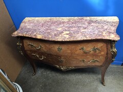 Napoleon III style Pair chest of drawers with flowor marquetry and marble tops in different woods , France 1900