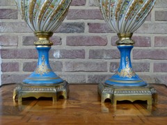 Napoleon III style Pair light blue vases with flower decorations in Sévres porcelain and gilded bronzes, France 1880