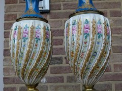 Napoleon III style Pair light blue vases with flower decorations in Sévres porcelain and gilded bronzes, France 1880