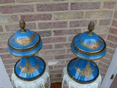 Napoleon III style Pair light blue vases with flower decorations in Sévres porcelain and gilded bronzes, France 1880