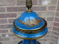 Napoleon III style Pair light blue vases with flower decorations in Sévres porcelain and gilded bronzes, France 1880