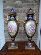 Napoleon III style Pair Sévres vases with romantic scenes by Jules Tiélés à Paris in faience, France 1880