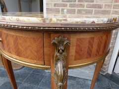 Napoleon III style Round table with marble top in satinwood,gilded bronze and marble, France 1890