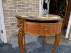 Napoleon III style Round table with marble top in satinwood,gilded bronze and marble, France 1890