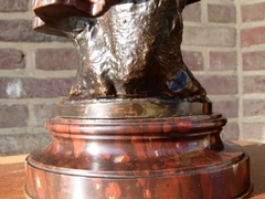 Napoleon III style Scculpture by Maubach of a farmer lady in multi patinated bronze on griot marble base, France 1880