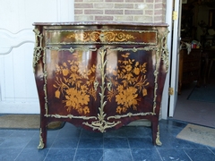 Napoleon III style Two door cabinet with flower marquetry and red marble top in different woods, gilded bronze and marble, France 1860