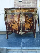 Napoleon III style Two door cabinet with flower marquetry and red marble top in different woods, gilded bronze and marble, France 1860