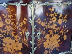 Napoleon III style Two door cabinet with flower marquetry and red marble top in different woods, gilded bronze and marble, France 1860